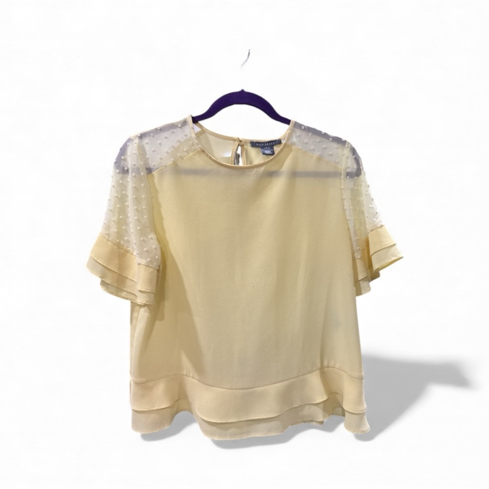 Suzy Shier Cream Blouse with Sheer Polka Dot Sleeves